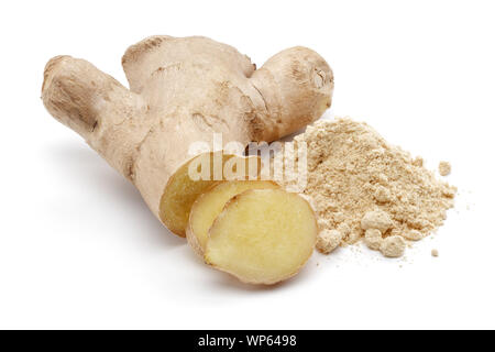 Fresh ginger root with slices and powder isolated on white background Stock Photo