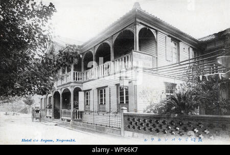 [ 1900s Japan - Western-Style Hotel in Nagasaki ] —   Hotel du Japan (also known as The Japan Hotel) in Nagasaki’s foreign settlement in Oura, in between the English and American consulates. It was the city’s first hotel managed by Japanese.  Located at No.25 Oura, the Japan Hotel was founded by Shintaro Shimizu in 1899 (Meiji 32). It was one of the most popular Western-style hotels in Nagasaki until it was destroyed by fire in December 1937 (Showa 12).  20th century vintage postcard. Stock Photo