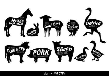 Farm animals logo vintage textured templates. Retro styled animals silhouettes of horse, turkey,cow, chicken,cow,sheep, ostrich, goose, duck, pork, lamb and rabbit. Stock Vector