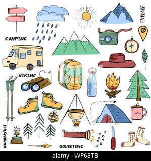 Adventure travel set in color. Hand drawn doodle style elements related to hiking, camping and travelling in mountains Stock Vector