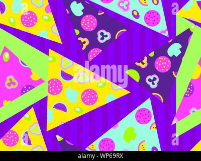 Pizza slices seamless pattern in zine culture style with pop art elements. Flat 3d design. Vector illustration Stock Vector