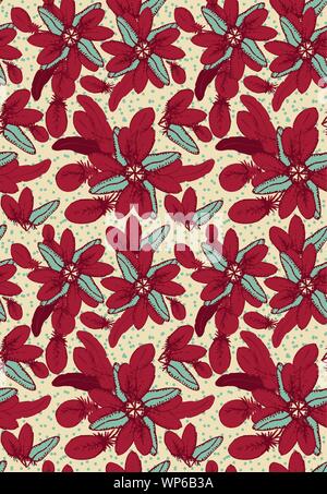 seamless vector pattern with red feathers arranged into floral poinsettia shapes Stock Vector