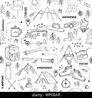 Seamless pattern with hand drawn doodle style elements related to hiking, camping and travelling Stock Vector