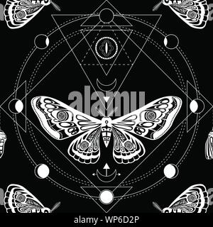 Night moth. Sacred geometry, esoteric symbols. Black and white vector illustration. Seamless pattern Stock Vector