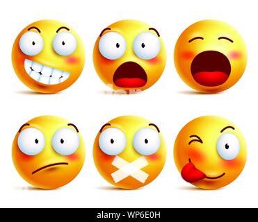 Smileys vector set. Smiley face icons or emoticons with facial expressions and emotions in yellow color isolated in white background. Vector Stock Vector