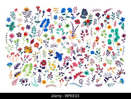 Large set of pattern of flowers. Vector. Decorative floral elements for a flower shop. Carpet from plants. Botany and floristry. Ornament for fabric. Stock Vector