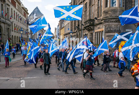 Perth, Scotland, United Kingdom, 7th September 2019. All Under One Banner Independence March: Independence supporters march through Perth in the 7th All Under One Banner (AUOB) march of this year. The march on the High Street Stock Photo