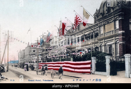 [ 1900s Japan - Western-Style Hotel in Yokohama ] —   A very festive Grand Hotel in Yokohama, Kanagawa Prefecture.  The hotel was opened on August 16, 1873 (Meiji 6) and was soon considered the height of Western culture and elegance in Japan.  20th century vintage postcard. Stock Photo