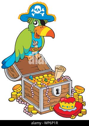 Big treasure chest with pirate parrot Stock Vector
