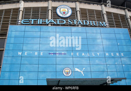 The Etihad Stadium, home of the Premier League's Manchester City football club in England, UK