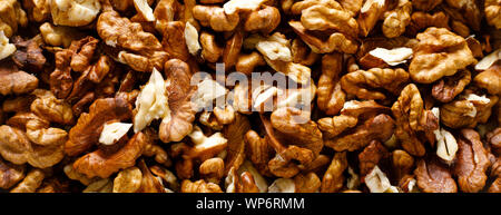 Walnuts. Kernels nuts banner background, top view Stock Photo