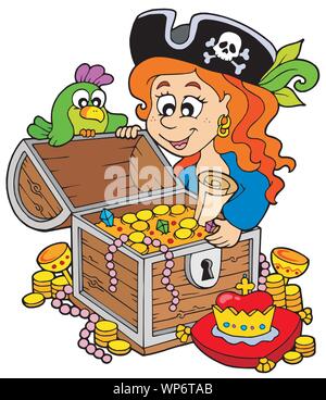 Pirate woman opening treasure chest Stock Vector