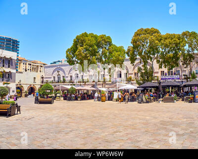 Gibraltar, UK - June 29, 2019. Casemates Square of Gibraltar downtown. View from Main street. Gibraltar. British Overseas Territory. UK. Stock Photo