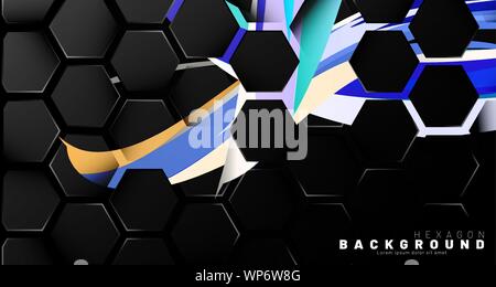 Black hexagon abstract pattern on colorful brush style background technology. Honeycomb. Vector illustration Stock Vector