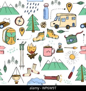 Seamless pattern with hand drawn doodle style elements related to hiking, camping and travelling in mountains Stock Vector