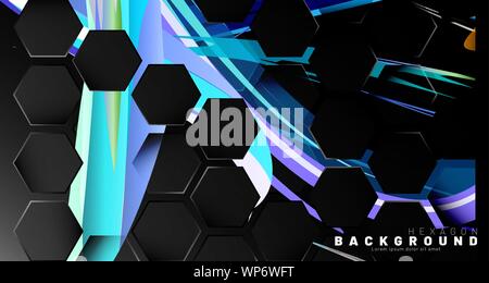 Black hexagon abstract pattern on colorful brush style background technology. Honeycomb. Vector illustration Stock Vector