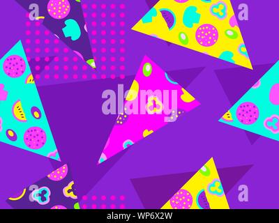 Pizza slices seamless pattern in zine culture style with pop art elements. Flat 3d design. Vector illustration Stock Vector