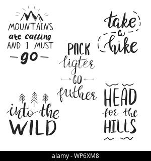 Set of hand lettered motivational and inspirational quotes related to travel in mountains, camping and hiking Stock Vector