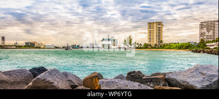 Panoramic landscape view of Port Everglades, Fort Lauderdale, Florida. Cruise ship leaving the harbor. Stock Photo