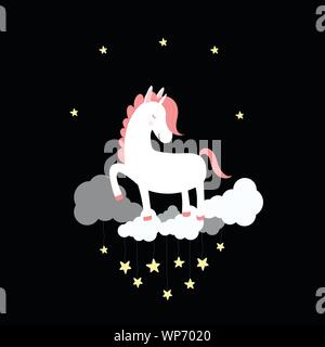 Cute unicorn sleep on cloud in night sky with shining stars. Good