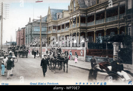 [ 1900s Japan - Western-Style Hotel in Yokohama ] —   The Grand Hotel in Yokohama, Kanagawa Prefecture as it looked around the 1900s.  The hotel was opened on August 16, 1873 (Meiji 6) and was soon considered the height of Western culture and elegance in Japan.  20th century vintage postcard. Stock Photo