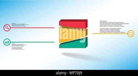 3D illustration infographic template. The embossed cube is randomly divided to three parts. Object is arranged on blue white background. Lines with si Stock Vector