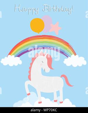 Cute unicorn happy birthday card, white pony with closed eyes hold balloons stamping hooves stand on clouds rainbow sky background. Greeting unicorn c Stock Vector