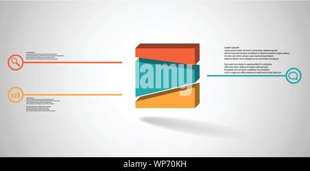 3D illustration infographic template. The embossed cube is randomly divided to three parts. Object is arranged on grey white background. Lines with si Stock Vector
