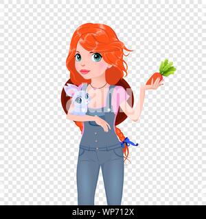 Farmer Girl with Rabbit and Carrot. Cute Ginger Haired Young Woman, Teenager Character in Jeans Overalls and Farm Hat Hold Cute Bunny and Ripe Vagetab Stock Vector