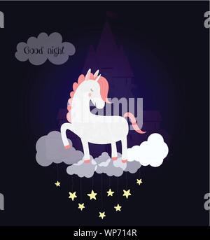 Cute unicorn sleep on cloud with dream castle silhouette in night sky with shining stars. Good night card. White pony sleeping stamping hooves with cl Stock Vector