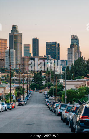 Beaudry Street and the downtown Los Angeles skyline at sunset, Los ...