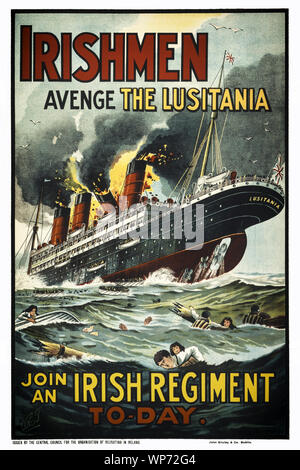 During World War I, (1914–1918), posters had a remarkable ability to inspire, inform amd persuade. When the passenger liner RMS Lusitania was torpedoed and sunk by a German U-boat in May 1915, the incident was used to encourage Irish men to enlist and avenge the sinking of the ship.  At the outbreak of war, most Irish people, regardless of political affiliation, supported the war in much the same way as their British counterparts, and both nationalist and unionist leaders initially backed the British war effort. Stock Photo