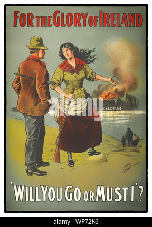 During World War I, (1914–1918) the impact of the poster as a means of communication was greater than at any other time during history, asking men to do their duty and join the military forces.  The recruitment camapign used women to encourage men to join the British Army at the Westrn Front in Flanders. At the outbreak of war, most Irish people, regardless of political affiliation, supported the war in much the same way as their British counterparts, and both nationalist and unionist leaders initially backed the British war effort. Stock Photo