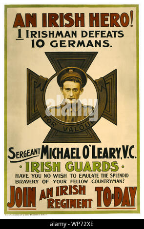 During World War I, (1914–1918), posters had a remarkable ability to inspire, inform amd persuade. When Sergeant Michael O'Leary won his Victoria Cross for bravery, the award was used to encourage Irish men to enlist and and serve on the Western Front.  At the outbreak of war, most Irish people, regardless of political affiliation, supported the war in much the same way as their British counterparts, and both nationalist and unionist leaders initially backed the British war effort. The posters had a remarkable ability to inspire, inform, and persuade volunteers. Stock Photo