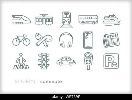 Set of 15 commute line icons for daily transportation to work Stock Vector