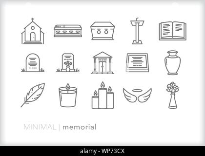 Set of 15 memorial line icons focused on celebration of life, mourning, death and burial Stock Vector