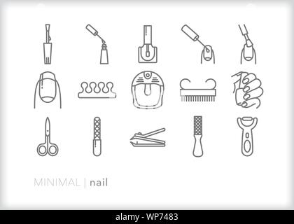 Set of 15 nail salon line icons for manicures and pedicures Stock Vector