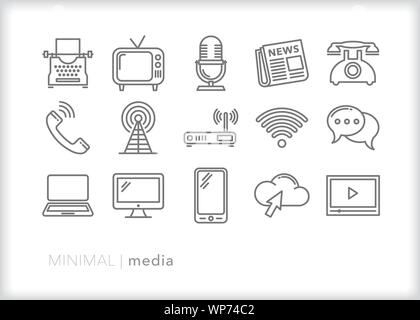 Set of 15 media line icons of technology and forms of communication, information and news Stock Vector