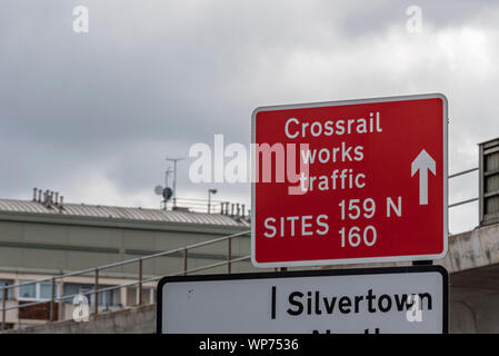 Crossrail works traffic sign near London City Airport, London, UK. Construction site sign. Directions to project site Stock Photo