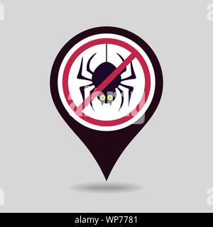 No, Ban or Stop signs. Spider halloween pin map icon. Map pointer. Map markers. Prohibition forbidden red symbols, vector illustration eps 10 Stock Vector