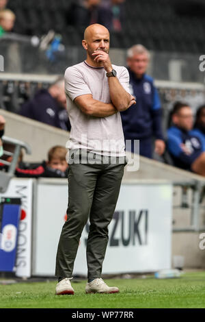 Milton Keynes, UK. 07th Sep, 2019. MK Dons Manager Paul Tisdale during the EFL Sky Bet League 1 match between Milton Keynes Dons and AFC Wimbledon at stadium:mk, Milton Keynes, England on 7 September 2019. Photo by Ken Sparks. Editorial use only, license required for commercial use. No use in betting, games or a single club/league/player publications. Credit: UK Sports Pics Ltd/Alamy Live News Stock Photo