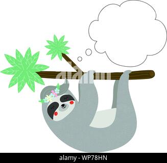 Cute funny sloth in flower wreath sleep hanging on tree branch isolated on white background, speech bubble for text, Tshirt design print, Cartoon flat Stock Vector