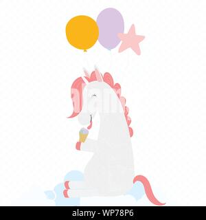 Cute Unicorn with balloons licking ice cream cone sitting on white cloud isolated on transparent background. Happy birthday greeting card, baby shower Stock Vector