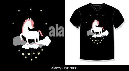 Cute unicorn on cloud in night sky with stars t-shirt print design visualization. Fashion apparel for kids, baby girl or boy drawing style. Cartoon ve Stock Vector