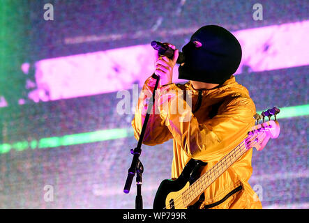 Berlin, Germany. 07th Sep, 2019. The singer Tyler Robert Joseph of the US-American band Twenty One Pilots will be on stage at the Lollapalooza Festival Berlin on the grounds of the Olympic Stadium. Credit: Britta Pedersen/dpa-Zentralbild/dpa/Alamy Live News Stock Photo