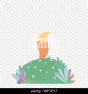Cute fox tail sticking up above of green field with leaves, grass and flowers isolated on transparent background. Cartoon flat vector baby illustratio Stock Vector