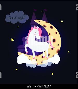 Cute unicorn on moon with dream castle good night card. White pony sleep stamping hooves with closed eyes on clouds at night sky background with glowi Stock Vector