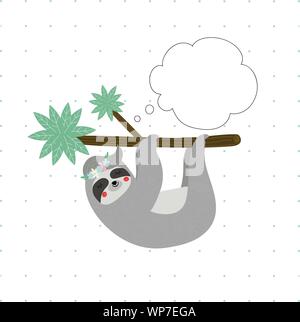 Cute funny sloth in flower wreath sleep hanging on tree branch on white polka dots pattern background, speech bubble Tshirt design print, Cartoon flat Stock Vector