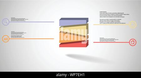 3D illustration infographic template. The embossed cube is randomly divided to four parts. Object is arranged on grey white background. Lines with sig Stock Vector