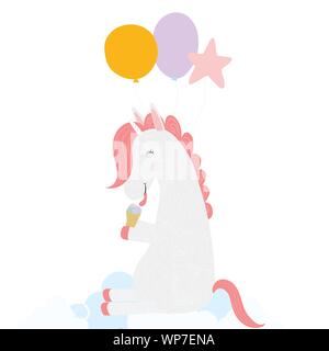 Cute Unicorn with balloons eating ice cream cone sitting on cloud isolated on white background. Happy birthday greeting card, baby shower print Cartoo Stock Vector